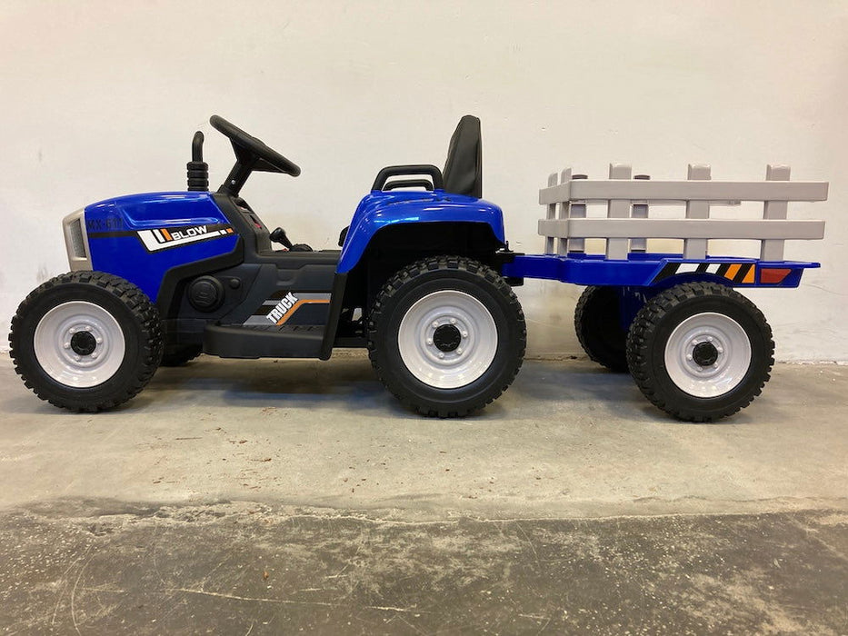 Kindertractor Elektrisch 12V + 2.4G RC + Aanhanger (blauw) - Trapautodealer