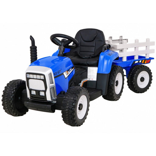 MX611 Kindertractor Elektrisch 12V + 2.4G RC + Aanhanger (blauw) - Trapautodealer